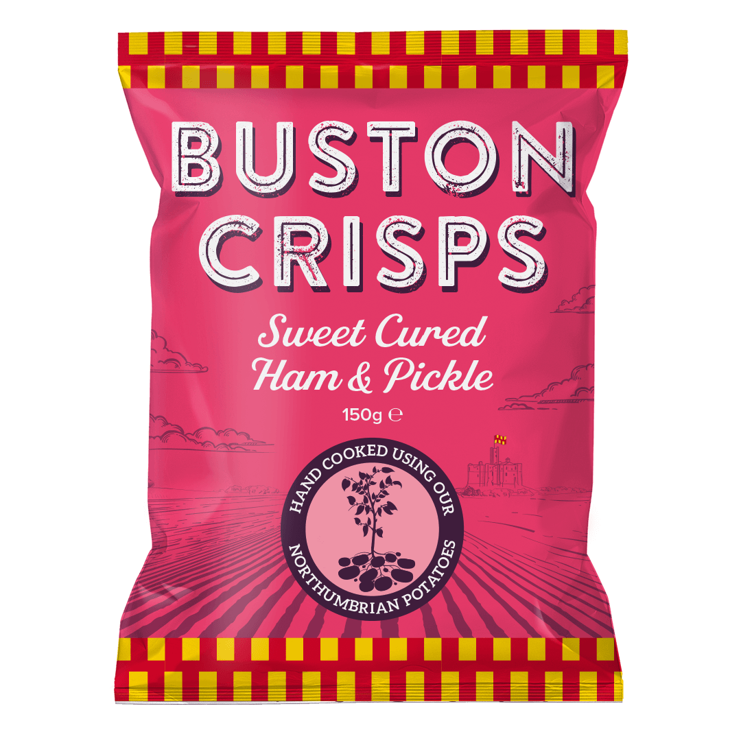 Buston Crisps Ham & Pickle: Box of 12 x 150g Bags