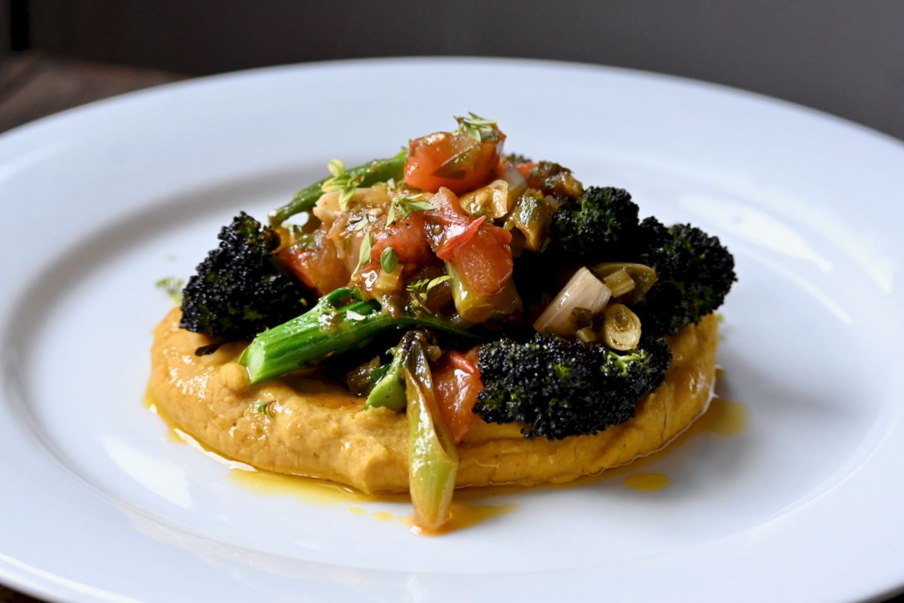 Image of Broccoli & Tomatillos with Whipped Split Peas