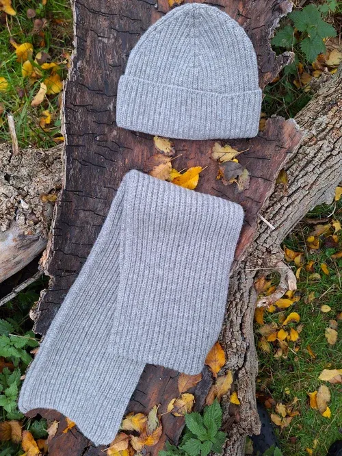 Natural Undyed Grey Beanie and Scarf Set