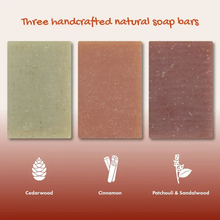Image of Friendly Soaps Trio Gift Set: Cedarwood, Cinnamon, Patchouli & Sandalwood