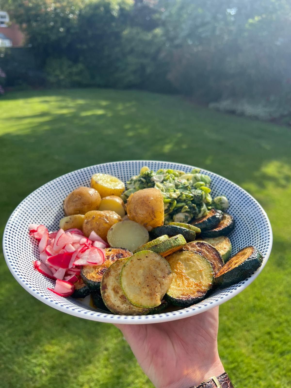 Image of Paprika Courgettes with Summer Broad Bean Mash and Potatoes
