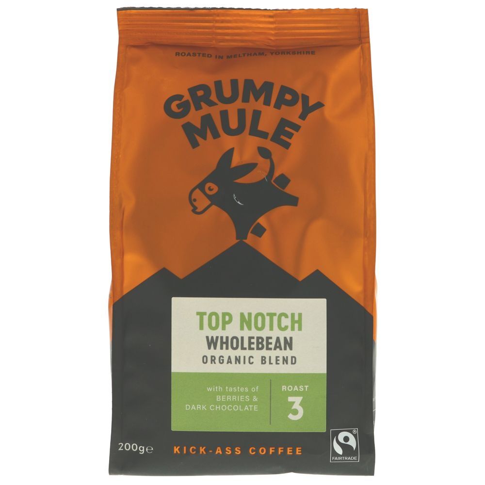 Image of Grumpy Mule Top Notch Coffee Beans Organic Blend Roast Strength 3: 200g