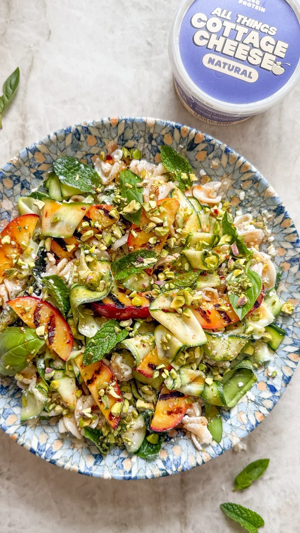Image of Northern Pasta Cottage Cheese, Charred Peach, Basil & Hot Honey Pasta Salad