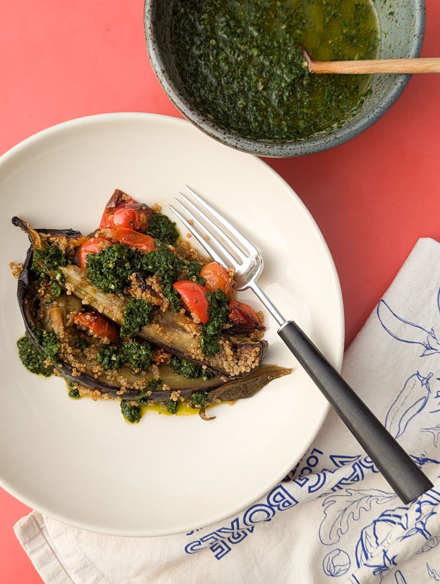 Image of Roasted Aubergines & Tomatoes with Smoked Quinoa & Spicy Zhoug